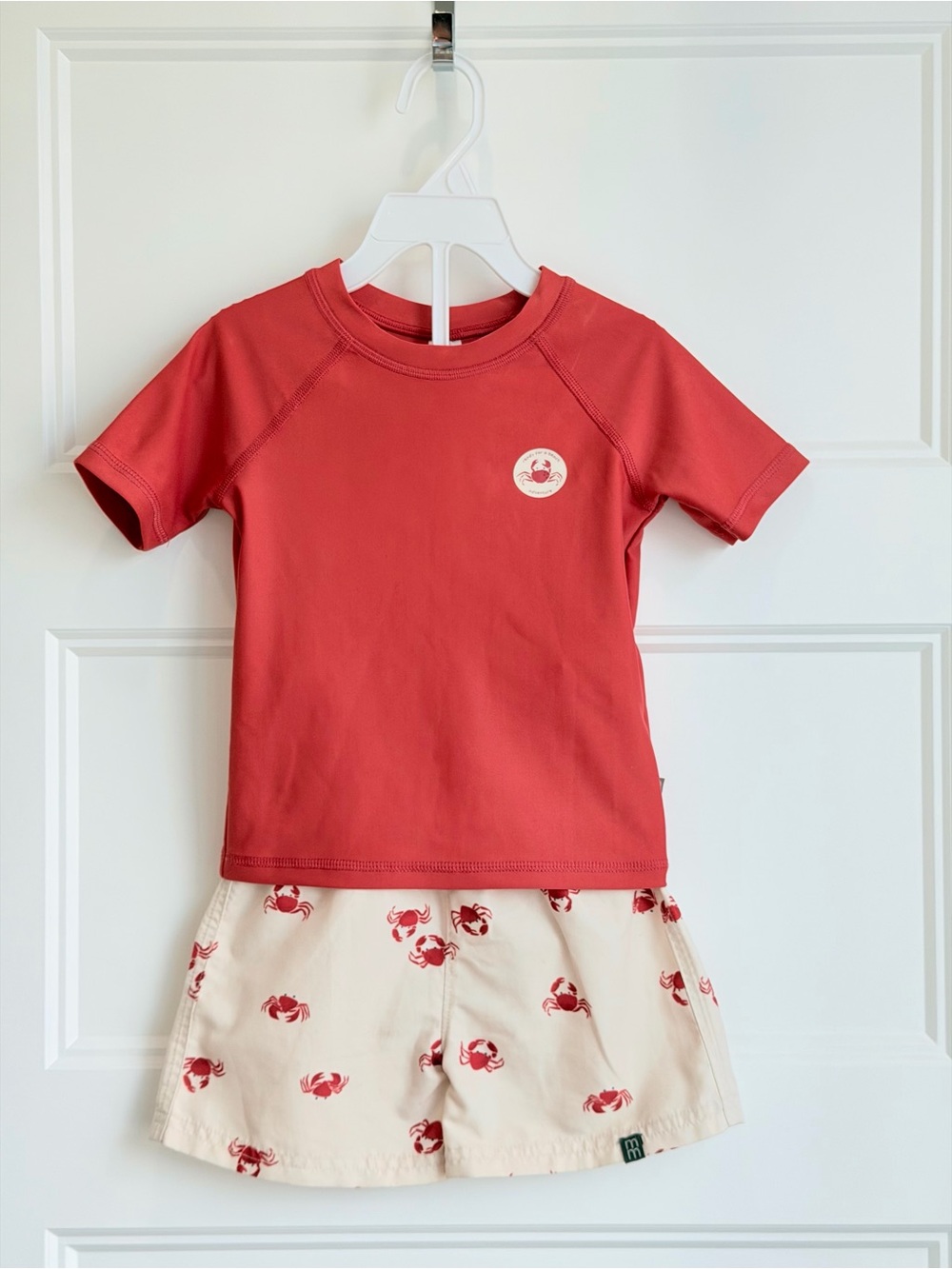 Kids Red Rashguard Swim Top and Cream Crab Swim Trunks Set
